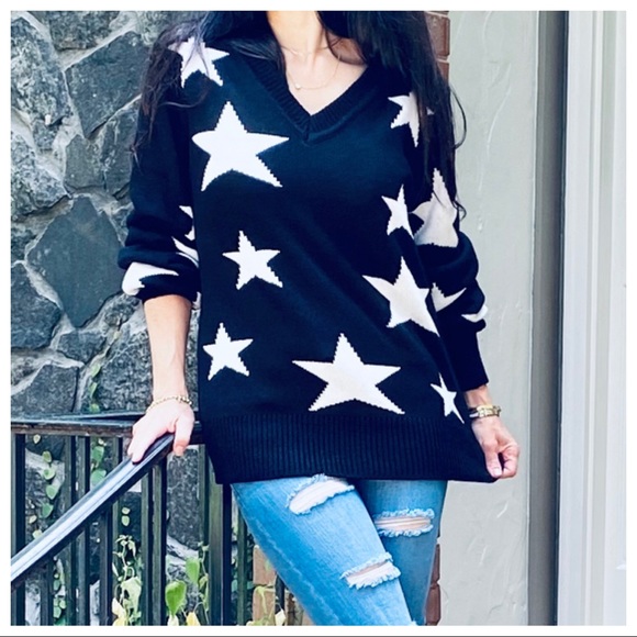 FALL MUST HAVE BLACK V NECK STAR SWEATER - Picture 14 of 15